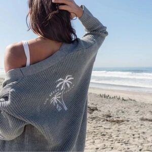 The Beach People Sweater Cardigan  Cover Up Womens Gray Embroidered Palms XL/2XL